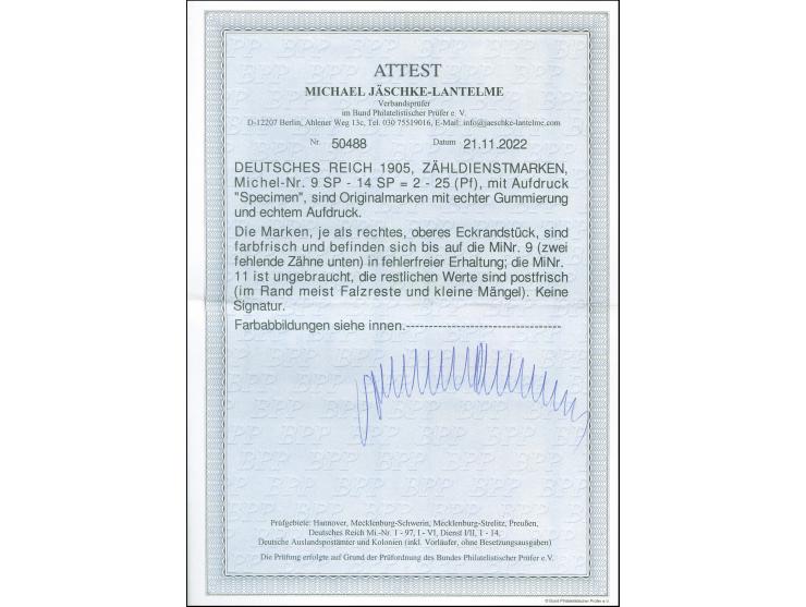 1905, Zähldienstmarken für Baden 2 Pfg.- 25 Pfg. mit Aufdruck “Specimen”, einheitlich als rechtes oberes Eckrandstück, 5 Pfg.