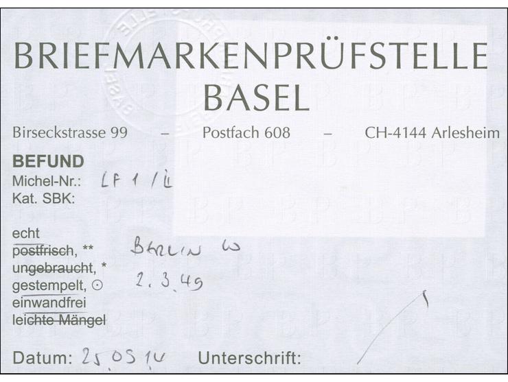 1948, Luftpostfaltbrief 100 Pfg., Type II Posthorn mit Doppellinie, klar mit Stempel “BERLIN W10 2.3.49” ohne Text nach Bern 