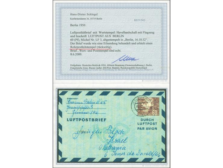 1952, Luftpostfaltbrief 60 Pfg. mit Stempel “BERLIN W57 16.10.52” und rückseitigem Rohrpoststempel “BERLIN SW11 16.10.52.12.0