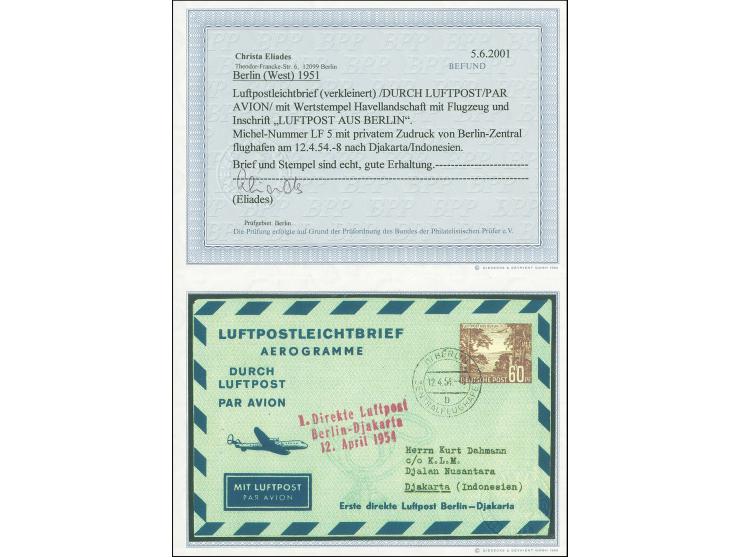 1953, Luftpostfaltbrief 60 Pfg. mit Zudruck und rotem Stempel “1. Direkte Luftpost Berlin-Djarkarta 12.April 1954” sowie Post