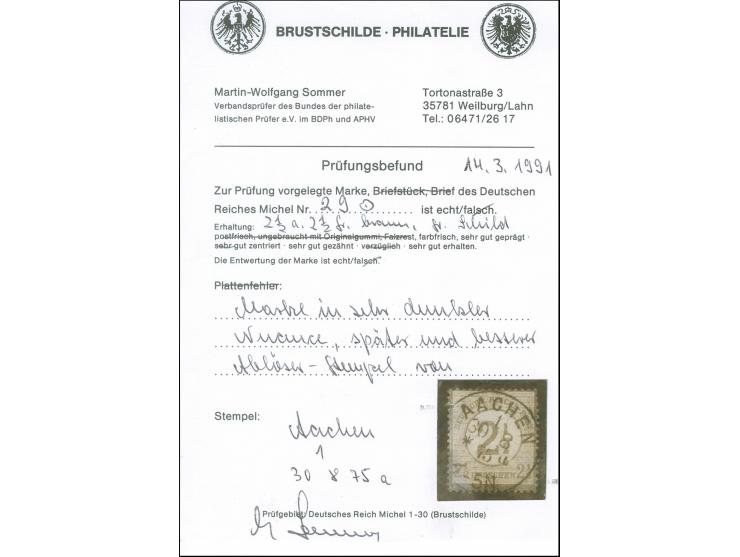“AACHEN 1 *a 30.8.75” sehr klar auf Ausgabe 1874 2½ auf 2½ Gr., die farbfrische Marke ist gut geprägt, gut gezähnt und in ein