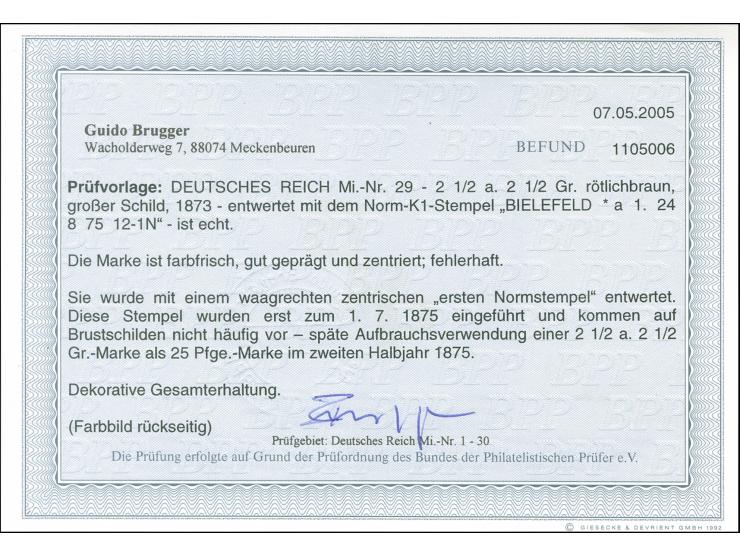 “BIELEFELD 1*a 10.11.75” bzw. “BIELEFELD 1*a 24.8.75” , zwei klare und fast zentrische Abschläge auf großer Schild 5 Gr. und 
