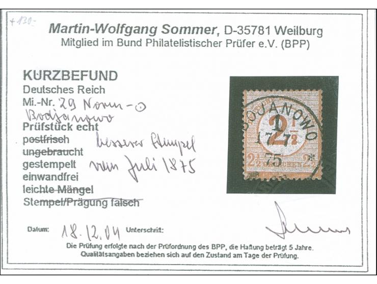 “BOJANOWO 1** 17.7.75” klar und fast kpl. auf Ausgabe 1874 2½ auf 2½ Gr., die farbfrische Marke ist gut gezähnt und hat klein