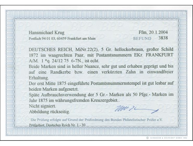 “FRANKFURT A/M 1*q 24.12.75”, ein klarer und ein undeutlicher Abschlag auf waagerechtem Paar großer Schild 1 Gr. hellockerbra