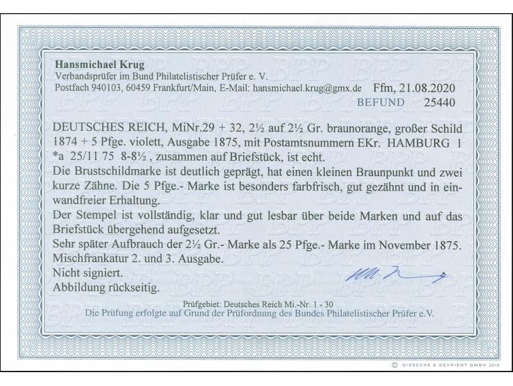 “HAMBURG 1*a 25.11.75” klar auf 2½ auf 2½ Gr. und Ausgabe 1875 5 Pfge violett auf Briefstück. Die Brustschildmarke hat einen 