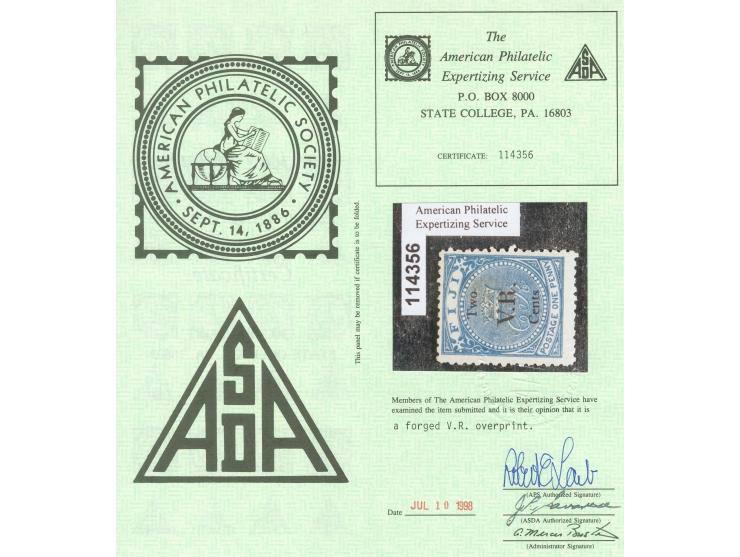 1874, Forgeries Study on album page: 12 c. on 6 d. rose laid paper two stamps forged overprint Gothic VR and Twelve Cents. SG
