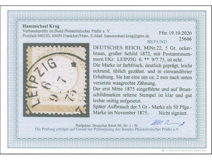 “LEIPZIG 6 ** 9.7.75” klar und fast kpl. auf großer Schild 5 Gr. ockerbraun mit um ca. 2 mm nach unten versetzter waagerechte
