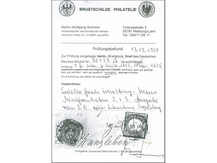 “MAGDEBURG 1*c 20.10.75” zweimal klar auf großer Schild 2 Gr. grauultramarin und Ausgabe 10 Pfge. lilarot auf Briefstück. Die