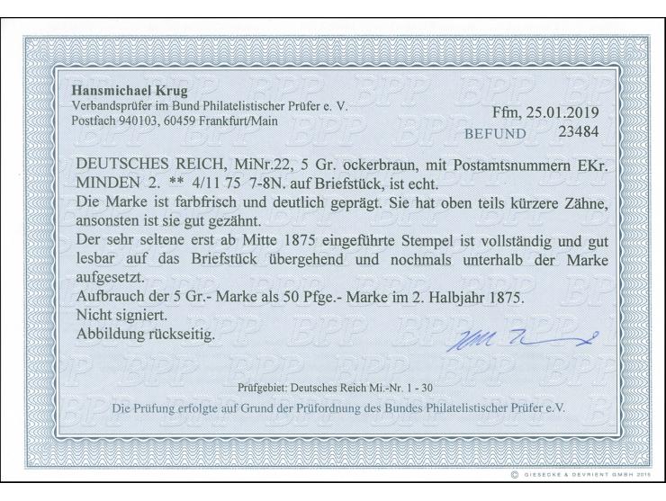 “MAGDEBURG 2** 4.11.75” klar auf großer Schild 5 Gr. ockerbraun auf Briefstück. Die farbfrische Marke ist deutlich geprägt un