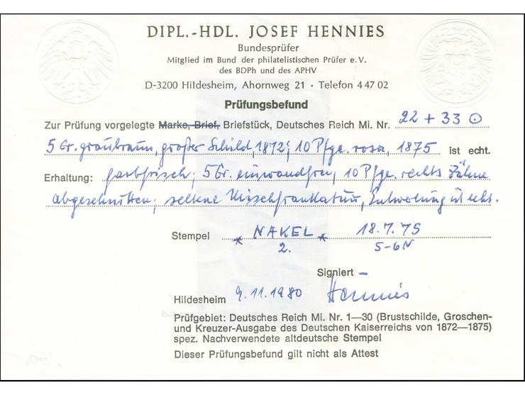 “NAKEL 2 ** 18.7.75” zweimal klar auf großer Schild 5 Gr. und Ausgabe 1875 10 Pfge. lilarot auf Briefstück. Die farbfrische B