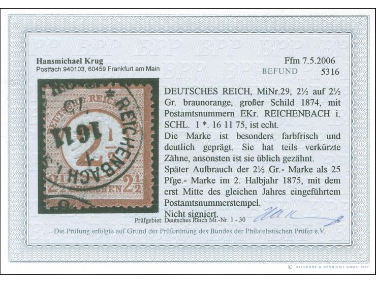 “REICHENBACH I. SCHL. 1** 16.11.75” klarer, fast kpl. Abschlag auf 2½ auf 2½ Gr. braunorange. Die farbfrische Marke ist deutl