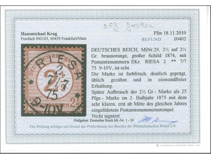 “RIESA 2 ** 7.7.75” sehr klar und fast zentrisch auf 2½ auf 2½ Gr. braunorange. Die farbfrische Marke ist deutlich geprägt, ü