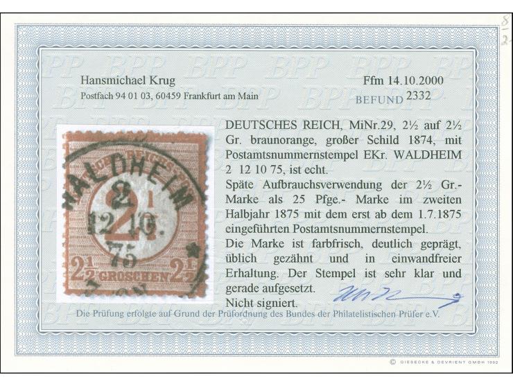 “WALDHEIM 2** 12.10.75” klar und fast kpl. auf Ausgabe 1874 2½ auf 2½ Gr. braunorange. Die farbfrische Marke ist deutlich gep