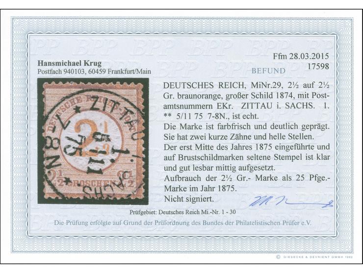 “ZITTAU i. SACHS. 1 ** 5.11.75” klar und fast kpl. auf 2½ auf 2½ Gr. braunorange. Die farbfrische Marke ist deutlich geprägt,
