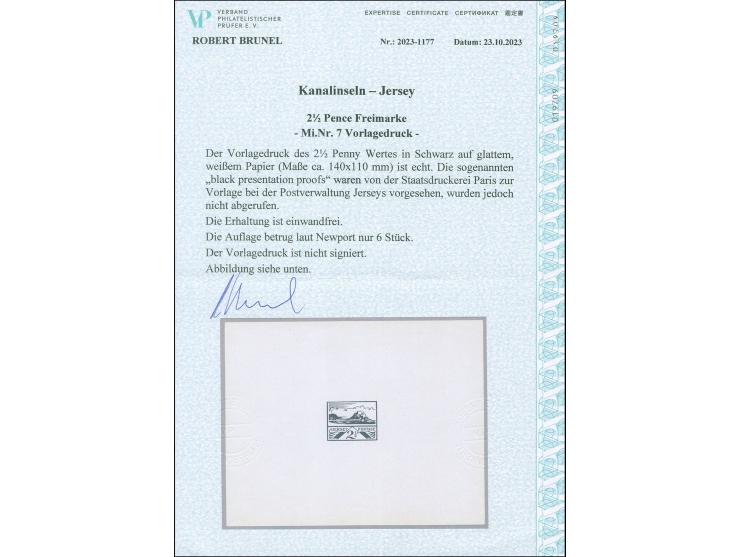1943, Ansichten von Jersey 2½ P., Vorlagedruck in schwarz auf weißem, ungummiertem Papier im Blockformat, sogen. 'presentatio