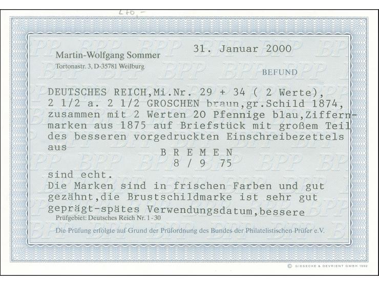 “BREMEN 3 ** 8.9.75” mehrfach klar auf Ausgabe 1874 2½ auf 2½ Gr. und zwei Einzelwerte 20 Pfge auf Briefstück mit beschnitten