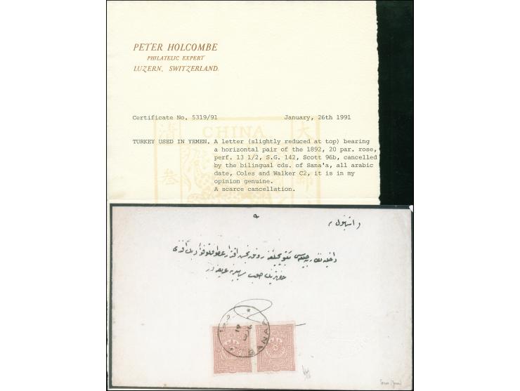 SANAA: 1892 (ca.), cover franked with pair 20 pa. violet of 1892, coat of arms issue and tied by SANAA (A&amp;P type 2, R) da