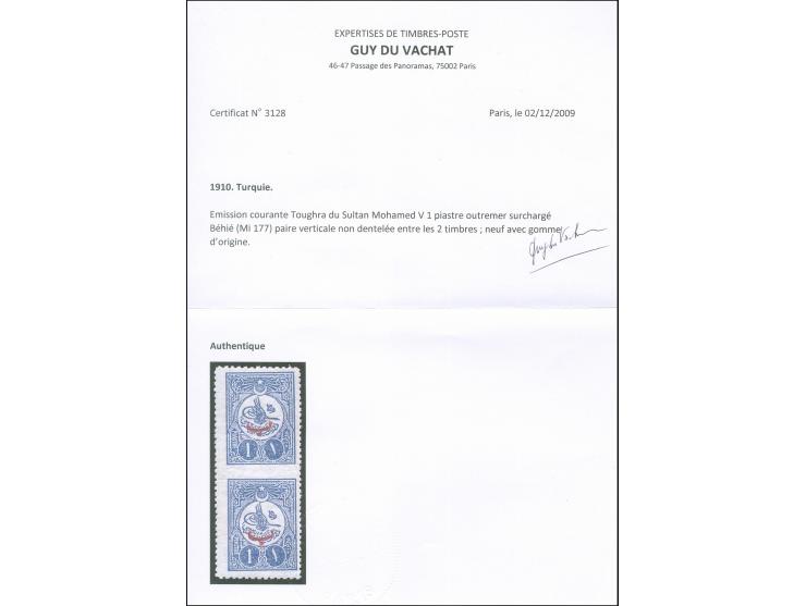 1910, 1 pia. blue vertical pair with blue “B” (beyiye) overprint, variety ‘imperf between’, unused, fine and scarce. Certific