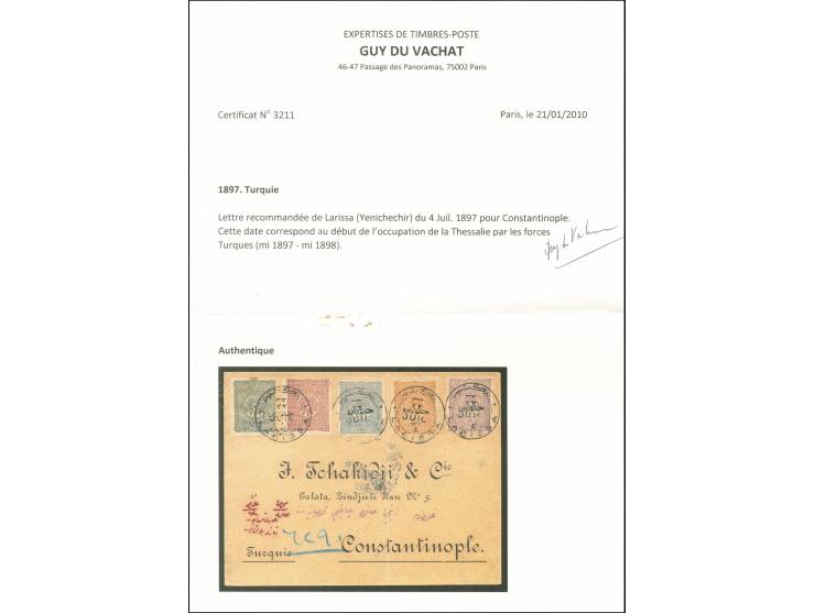 1897, Coat of Arms issue complete set of five values up to 5 pia. deep violet tied to registered enveleope by LARISSA (YENISE