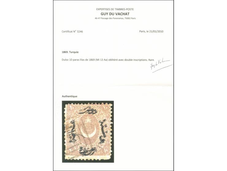 1868, Star &amp; Crescent (Duloz), 10 para lilac, light box type cancellation, variety ‘black colour double print’. Certifica