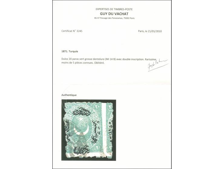 1868, Star &amp; Crescent (Duloz), 20 para green, shifted rough perforation, clear all arabic cancellation, variety ‘black co