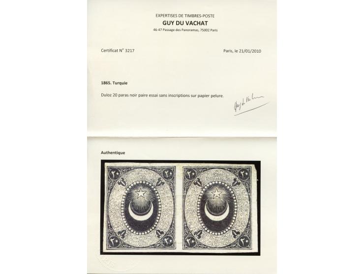 1865, pair 20 para black plate proof, imperf, on very thin paper, scarce and very fine. Certificate du Vachat (2010). (Isfila