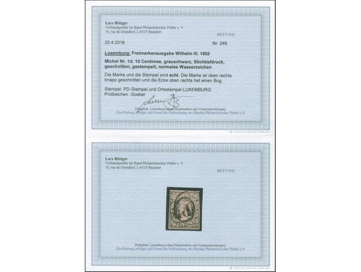 "PD", boxed handstamp, together with Luxemburg c.d.s. on 1852, 10 c. gray black. Tiny corner bend. Opinion Böttger BPP (2018)