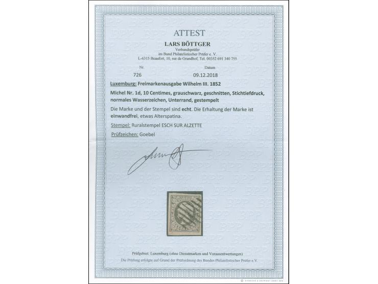 Esch sur Alzette, sqare rural handstamp on 1852, 10 c. gray black, large margins. Opinion Böttger BPP (2018)&nbsp;