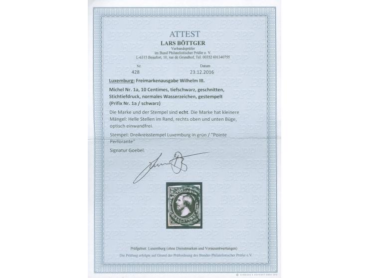 Luxemburg, target cancel in green (pointe perforante) on 1852, 10 c. deep black, clear to large margins, small faults. Opinio