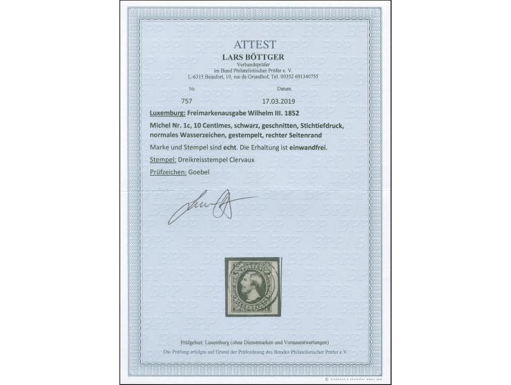 Clervaux, target cancel on 1852, 10 c. black, clear to very large margins. Certificate Böttger BPP (2018)
