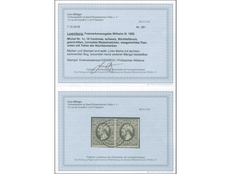 1852, 10 c. black, horizontal pair, ample to large margins, parts of neighbour stamps at base, neatly cancelled by central ta