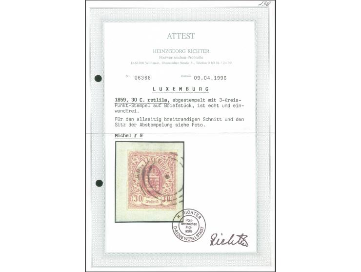 1859, 12½ c. rose, 30 c. lilac and 37½ c. green, all clear to wide margins, cancelled by target, 30 c. on piece&nbsp;