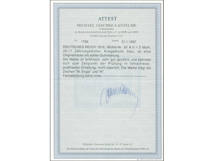 1915/19, Repräsentative Darstellungen, Kriegsdruck mit 26:17 Zähnungslöcher, 2 M. blau, postfrisch, tadellos, sign. W. Engel,