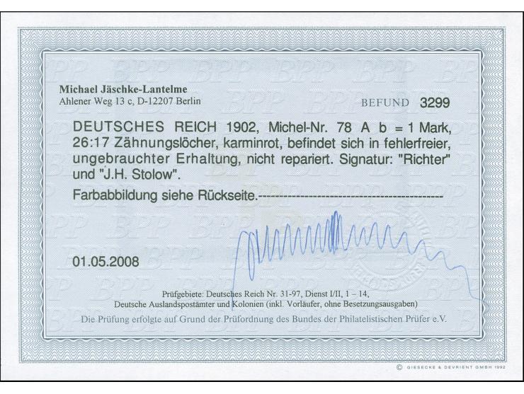 1902, Repräsentative Darstellungen, 26:17 Zähnungslöcher, 1 M. karmin, ungebraucht, tadellos, sign. Richter, J.H. Stolow und 