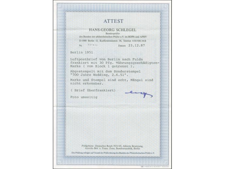 1949, Währungsgeschädigte 30 Pfg. mit Blockrand an drei Seiten und Sonderstempel “BERLIN N65 2.6.51 - 700 Jahre Wedding” auf 