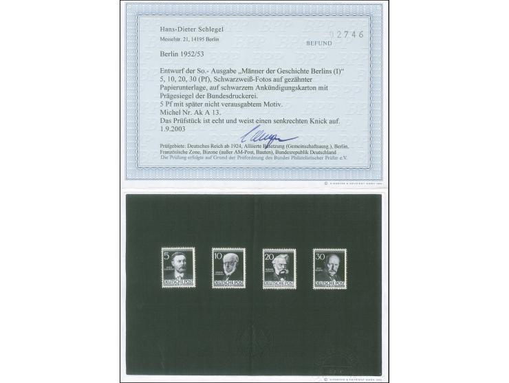 1952, Ankündigungskarton mit Schwarzweiß-Fotos auf gezähnter Papierunterlage Männer der Geschichte Berlin 5,10, 20 und 30 Pfg