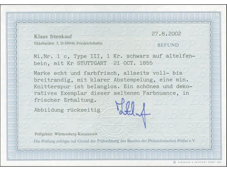 1851, 1 Kr. auf altelfenbein, Type III, allseits voll- bis breitrandig, farbfrisch mit DKr. “STUTTGART 21.OCT.1855”, minimale