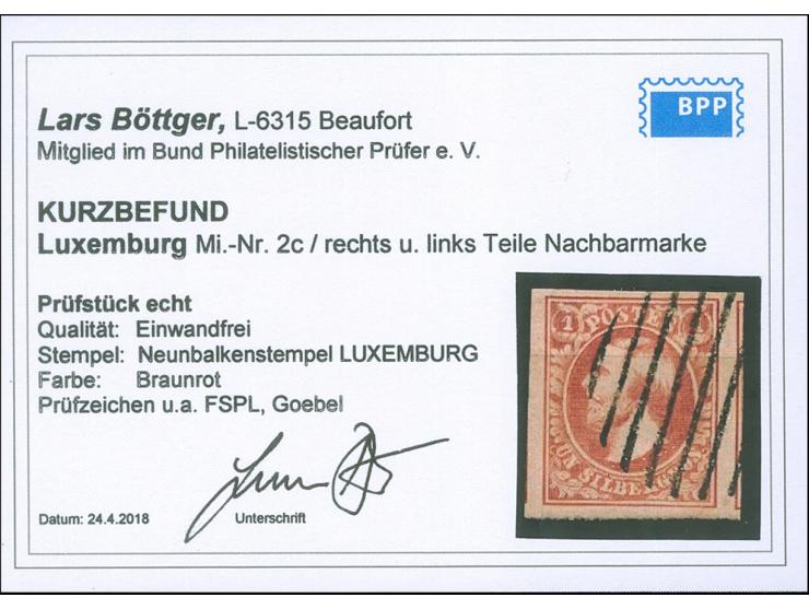1852, 1 sgr. brown red, good to enormeous margins, neatly cancelled by circle of bars, vf, opinion Böttger