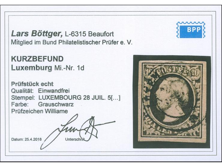 "LUXEMBOURG 28 JUIL 5.." (seems "56"), c.d.s. on &nbsp;1852, 10 c. gray black, vf, opinion Böttger BPP