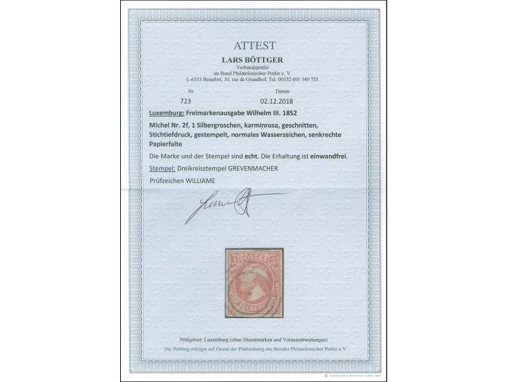 1852, 1 sgr. carmine rose with natural printing crease, good margins, neatly cancelled by target of Grevenmacher, vf, certifi