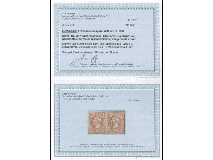 1852, 1 sgr. carmine red, horizontal pair, the left stamps with 'dot on forehead', good to large margins, neatly cancelled by