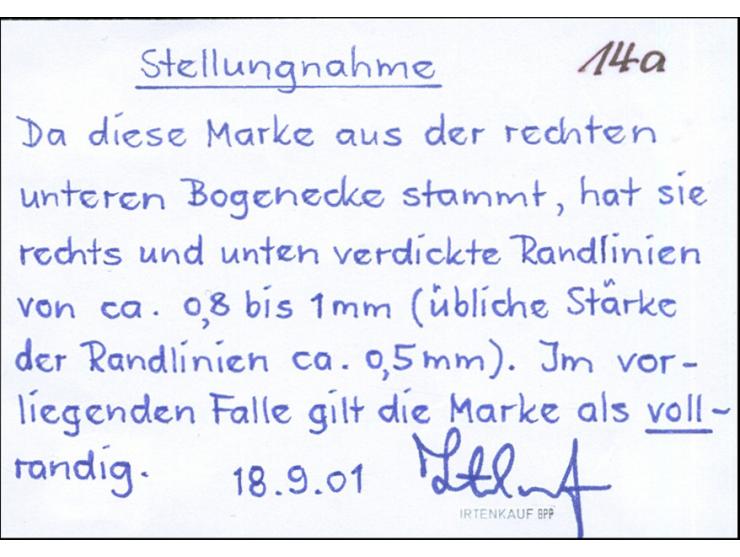 1859, 9 Kr. mittelrotkarmin, allseits vollrandig, aus der rechten unteren Bogenecke stammend mit verdickten Randlinien rechts