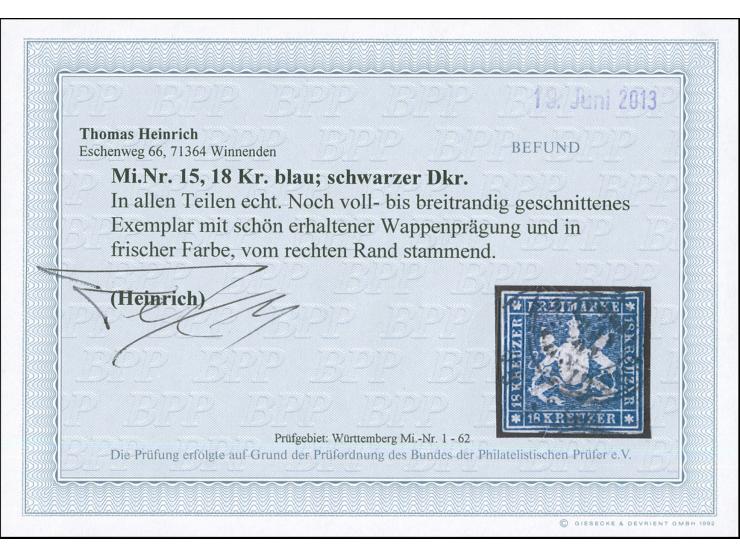 1859, 18 Kr. blau, allseits noch voll- bis breitrandig, vom rechten Rand stammend mit DKr. “ESSLINGEN”. Die farbfrische Marke