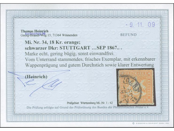1865, 18 Kr. orange, farbfrisch mit gutem Durchstich, mit klarem DKr. “STUTTGART”, etwas bügig, ansonsten in einwandfreier Er