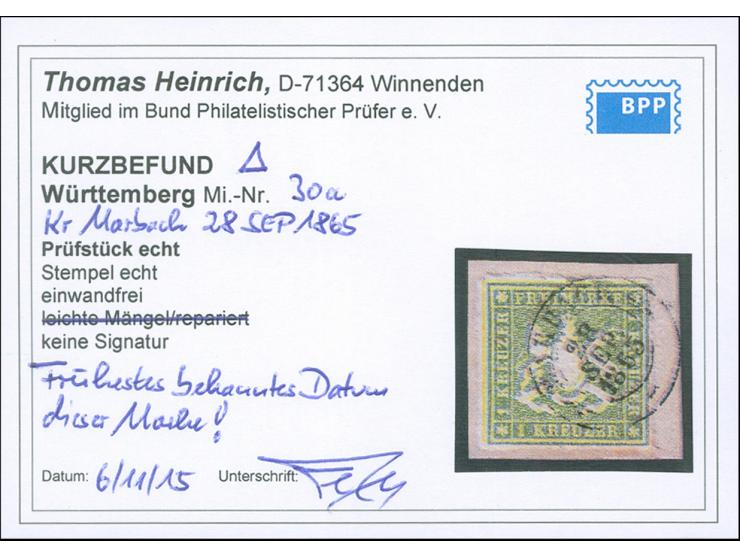 1865, 1 Kr. grün, farbfrisch mit gutem Durchstich und klarem DKr. “MARBACH 28.SEP.1865” auf Briefstück, in einwandfreier Erha
