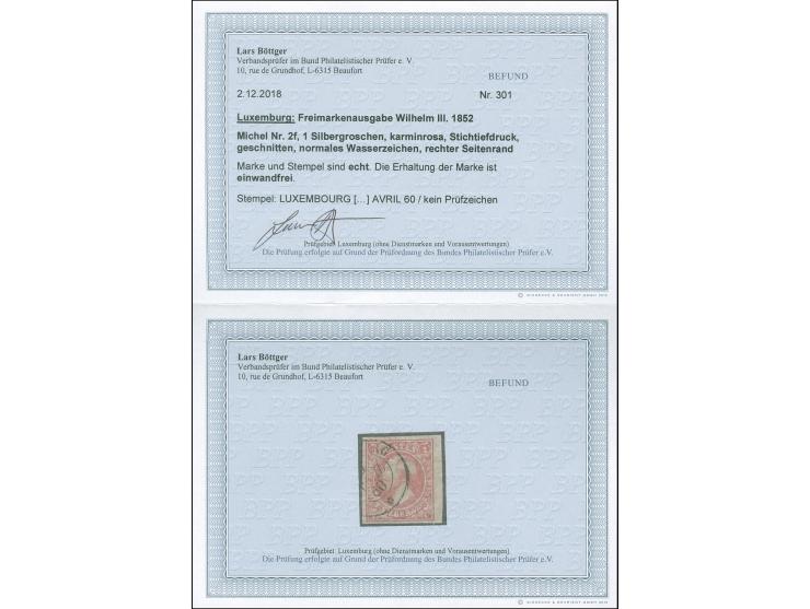 1 sgr. carmine rose, nice marginal copy, cancelled by Luxembourg c.d.s. 1860. Very fine. Opinion Böttger BPP (2018)