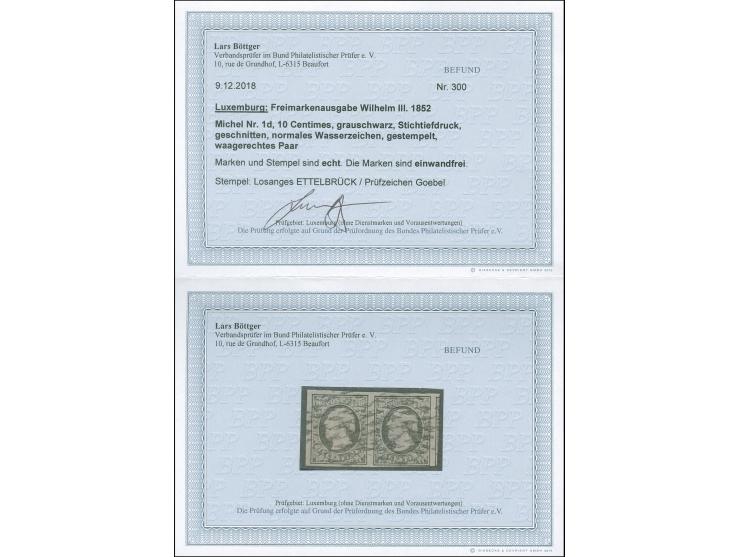 Ettelbrück, losanges on 1852, 10 c. gray black, horizontal pair, clear to mostly large margins, vf, opinion Böttger BPP
