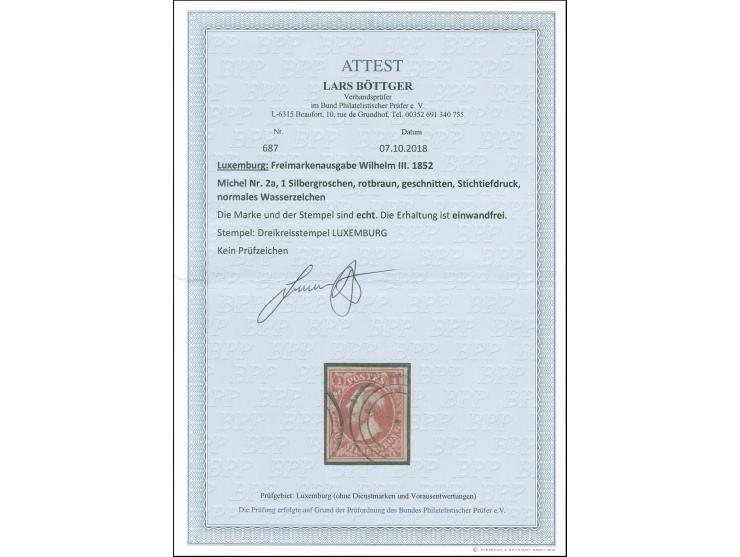 1852, 1 sgr., brownish red (first printing), good margins, neatly cancelled by target of Luxembourg, vf. Certificate Böttger 