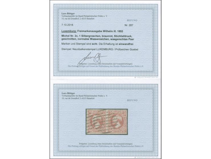1852, 1 sgr., brownish red, horizontal pair with ample to large margins, neatly cancelled by circle of bars of Luxembourg, vf