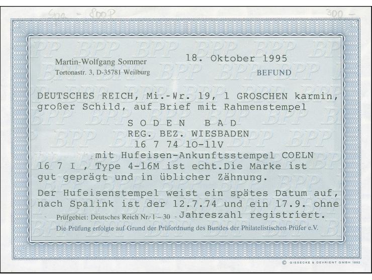 “COELN 16.1. I” (Spalink 4-16M) klar rückseitig auf Briefkuvert mit großer Schild 1 Gr. karmin mit Rahmenstempel “SODEN BAD R